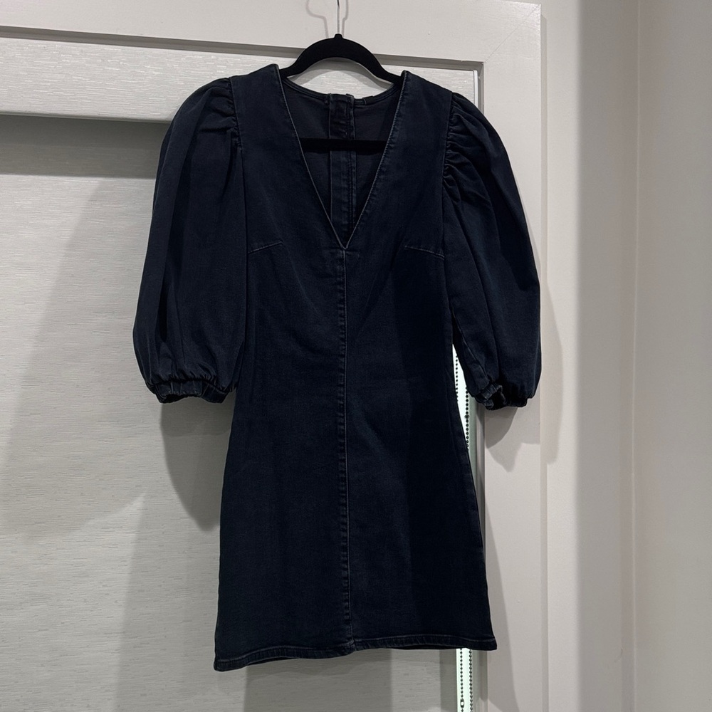 Chic Dark Denim Puff Sleeve Mini Dress
